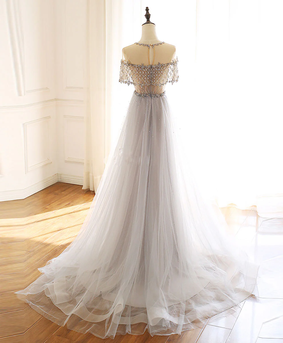 Gray Round Neck Tulle Beads Long Prom Dress Forma Graduation Dresses - Deanwangkt