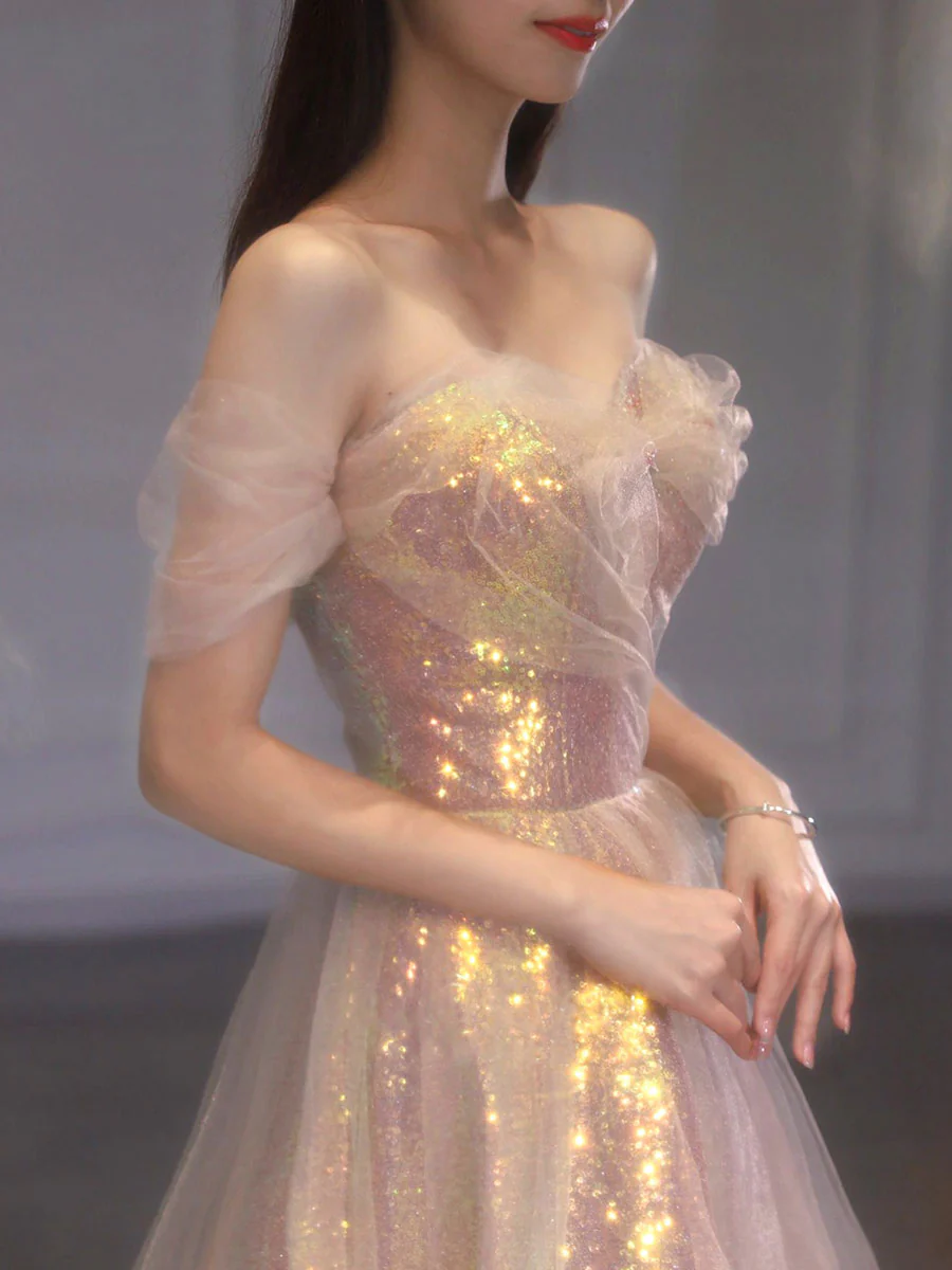 A Line Tulle Sequin Long Prom Dress, Off Shoulder Formal Graduation Dress - Deanwangkt