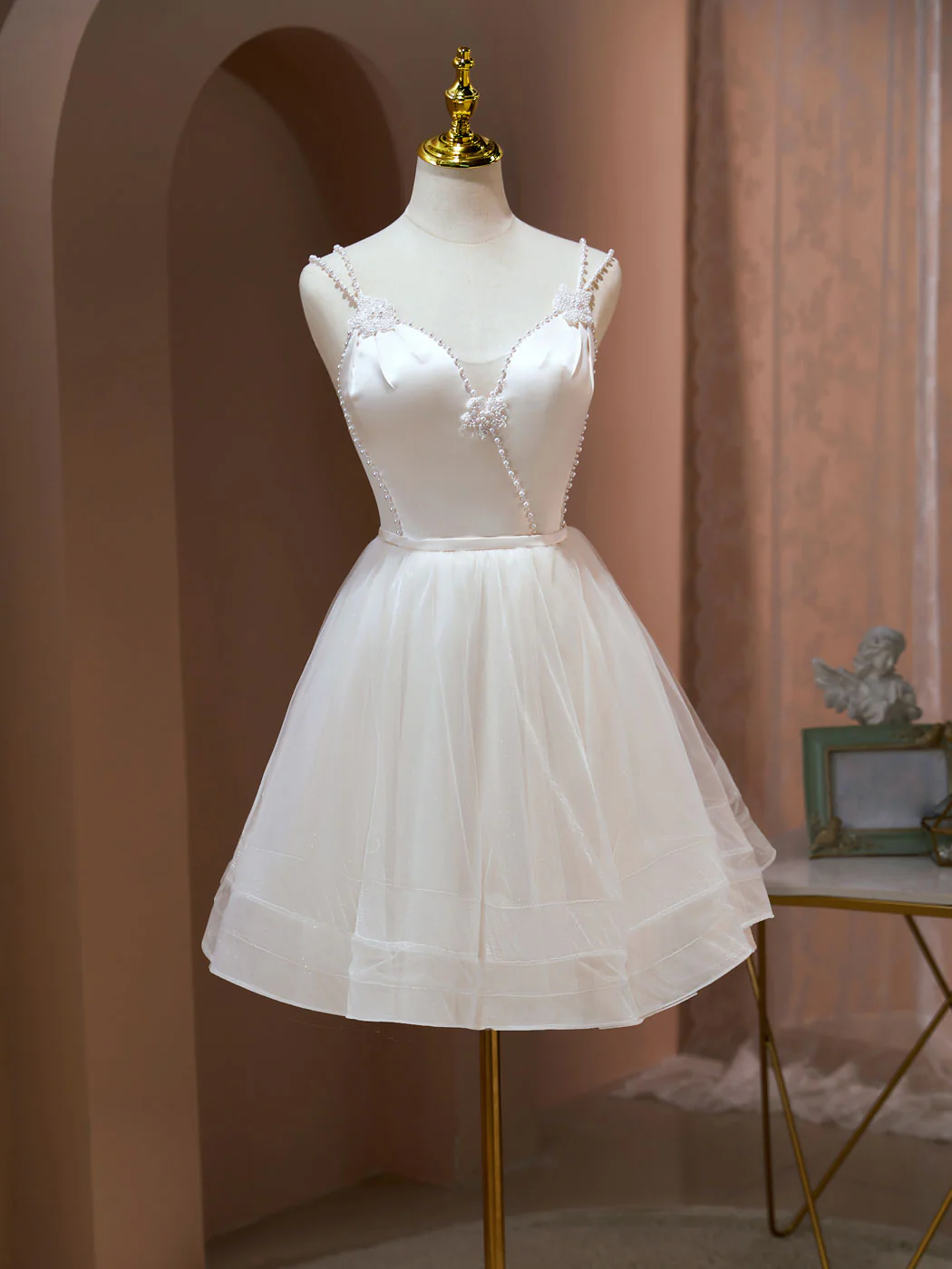 A Line v neck tulle Short Beige Prom Dresses, Cute Puffy Beige Homecoming Dresses With Beading - Deanwangkt
