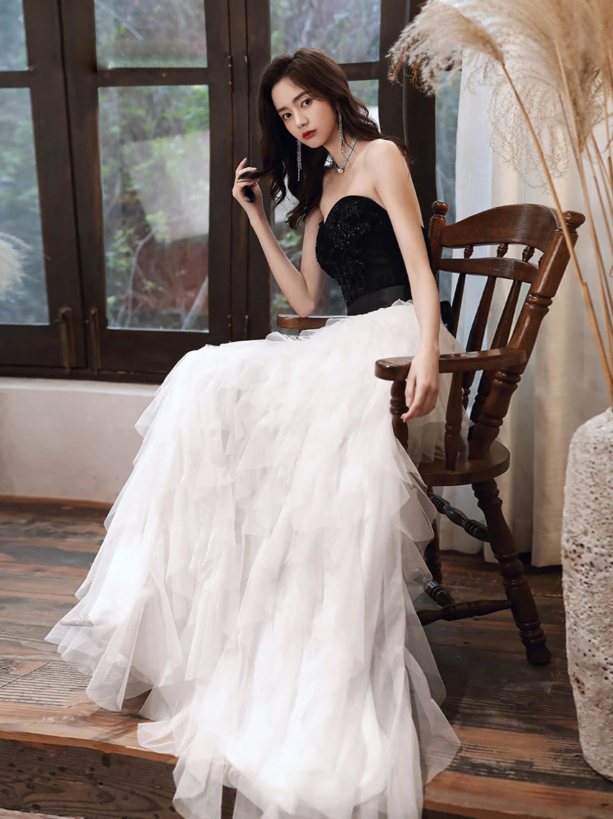White Tulle Sweetheart Long Prom Dress, White Formal Graduation Dresses - Deanwangkt