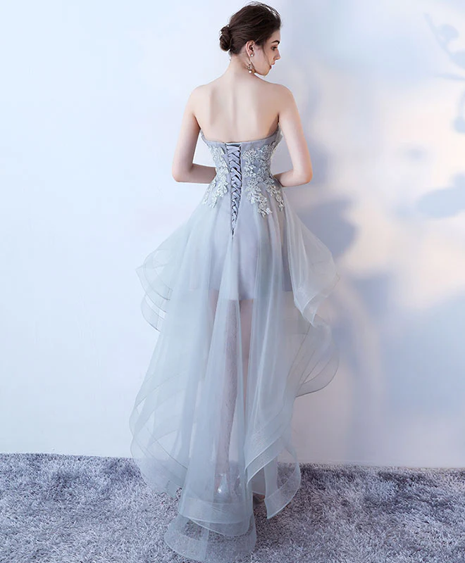 Gray Tulle Lace High Low Prom Dress, Cute Homecoming Dress - Deanwangkt
