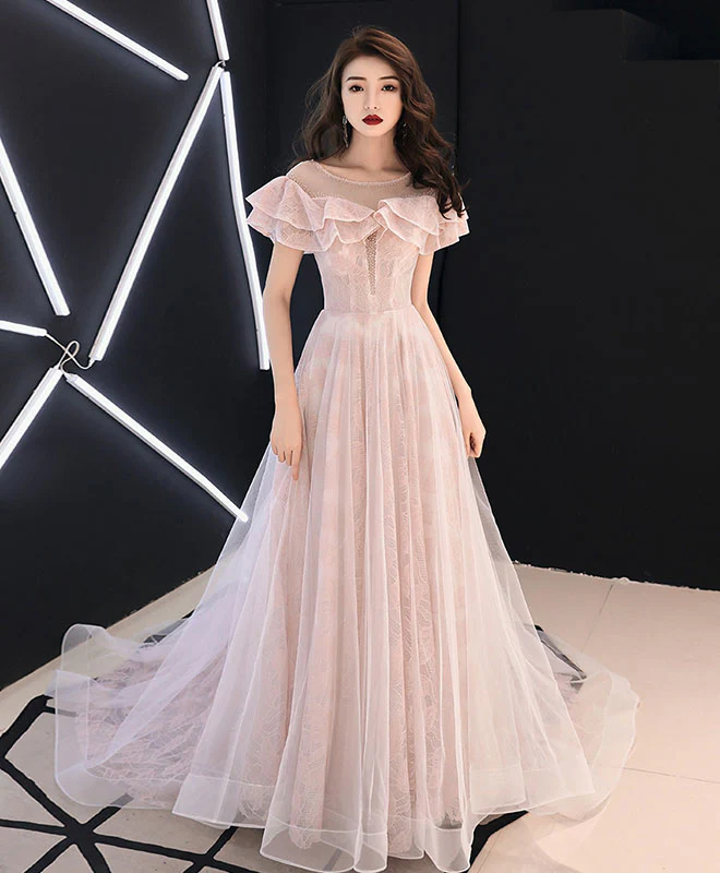 Pink Round Neck Tulle Lace Long Prom Dress, Pink Evening Dress - Deanwangkt