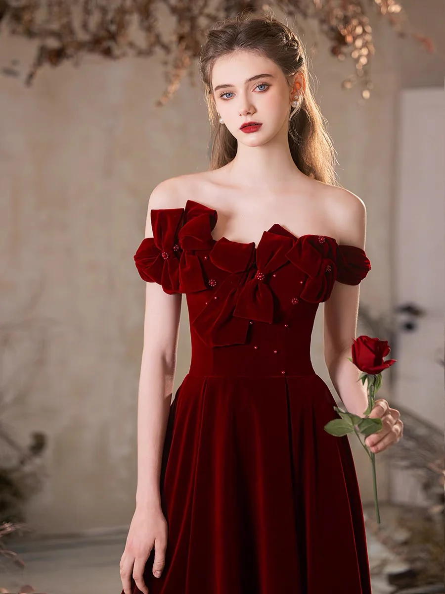A-Line Off Shoulder Velvet Burgundy Long Prom Dress, Burgundy Long Formal Dress - Deanwangkt