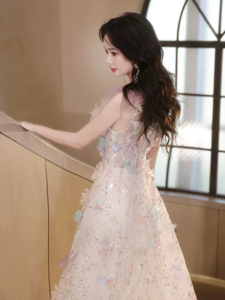 A-Line Tulle Lace Light Pink Long Prom Dress, Light Pink Formal Dress - Deanwangkt