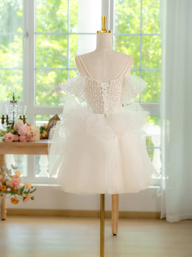 ivory Tulle Lace Short Prom Dress, Cute ivory Homecoming Dress - Deanwangkt
