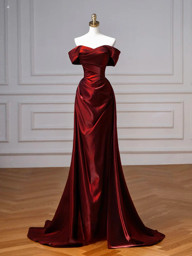 Simple Off Shoulder Satin Burgundy Long Prom Dress, Burgundy Long Formal Dress - Deanwangkt