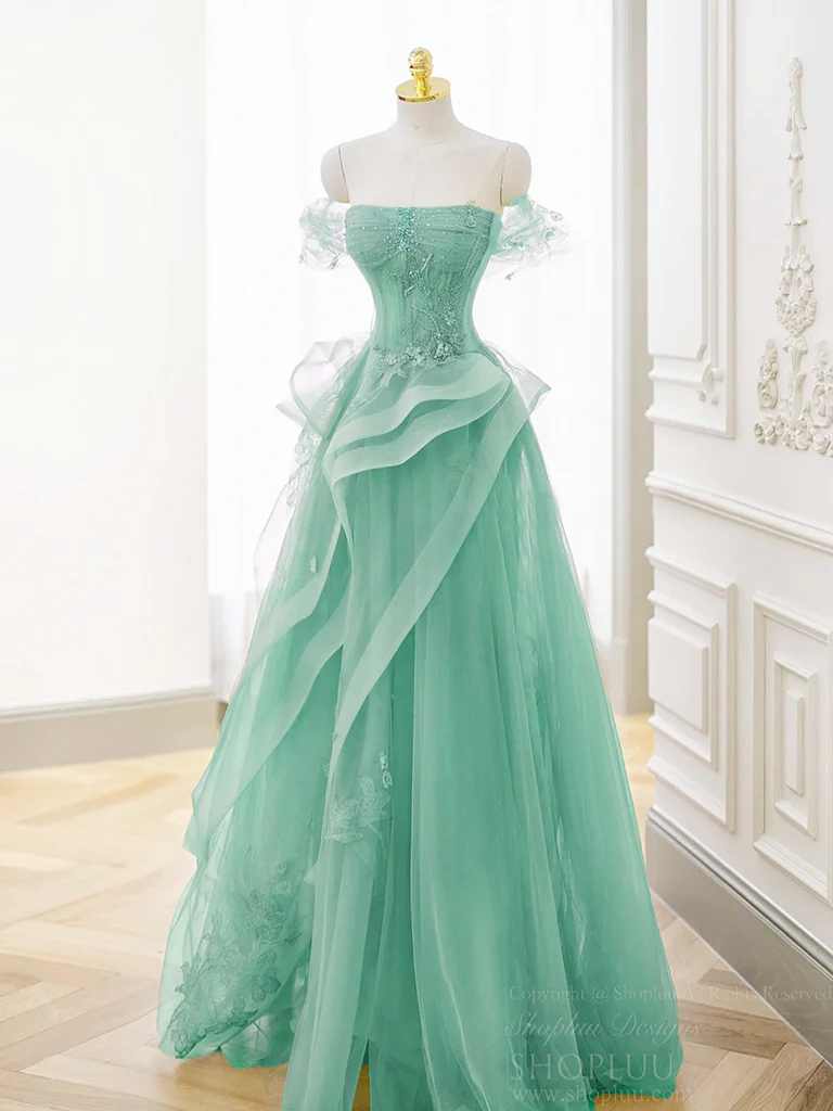 A-Line Off Shoulder Tulle Lace Mint Blue Long Prom Dress, Mint Blue Long Formal Dress - Deanwangkt