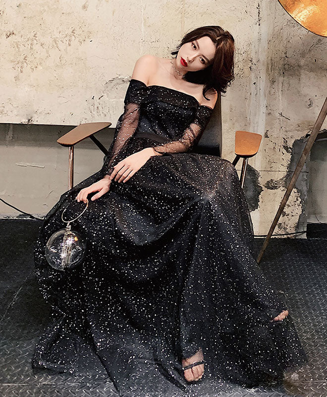 Black Tulle Long Prom Dress, Shiny Black Tulle Evening Dress - Deanwangkt