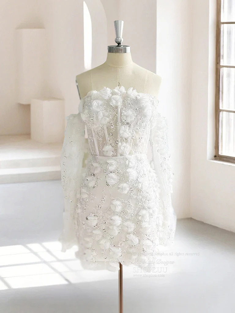 White Long Sleeve Tulle 3D Flower Short Prom Dress, White Homecoming Dress - Deanwangkt
