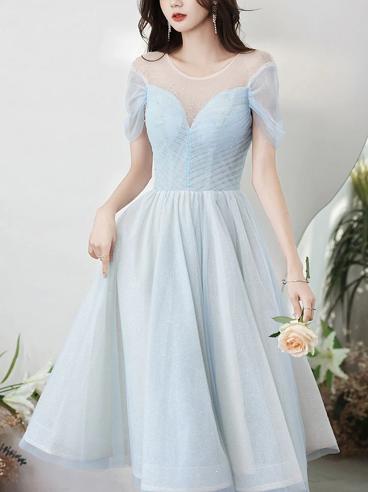 Blue Round Neck Tulle Short Prom Dress, Blue Homecoming Dress - Deanwangkt