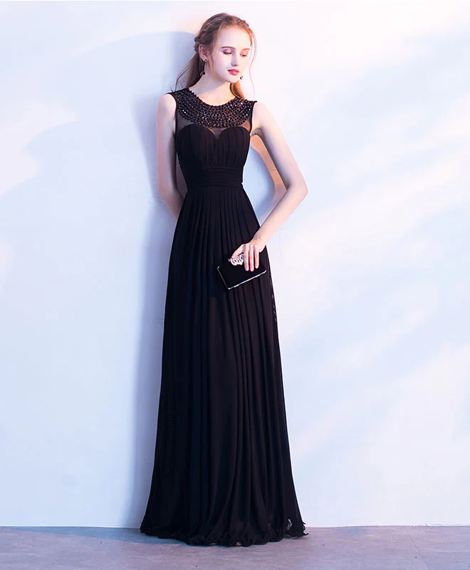 Elegant Black Chiffon Long Prom Dress, Black Evening Dress - Deanwangkt