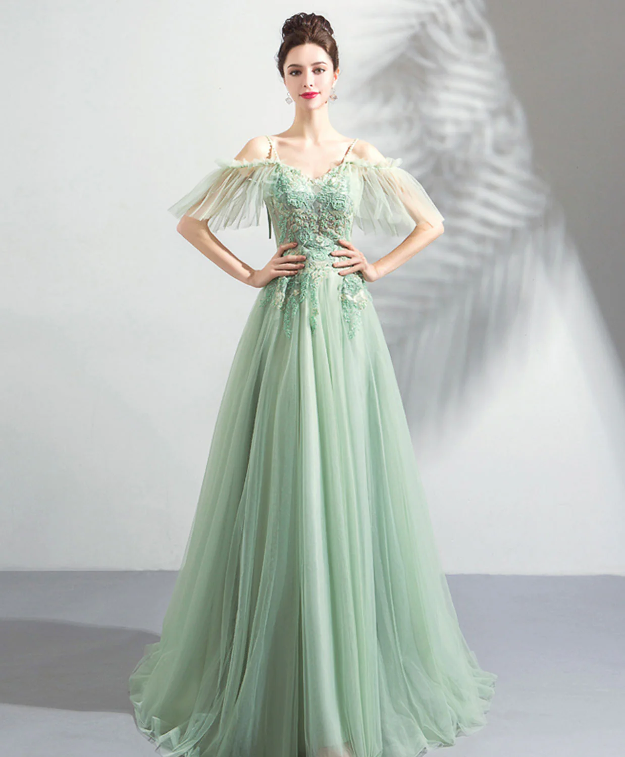 Green Tulle Off Shoulder Long Prom Dress, Green Tulle Evening Dress - Deanwangkt