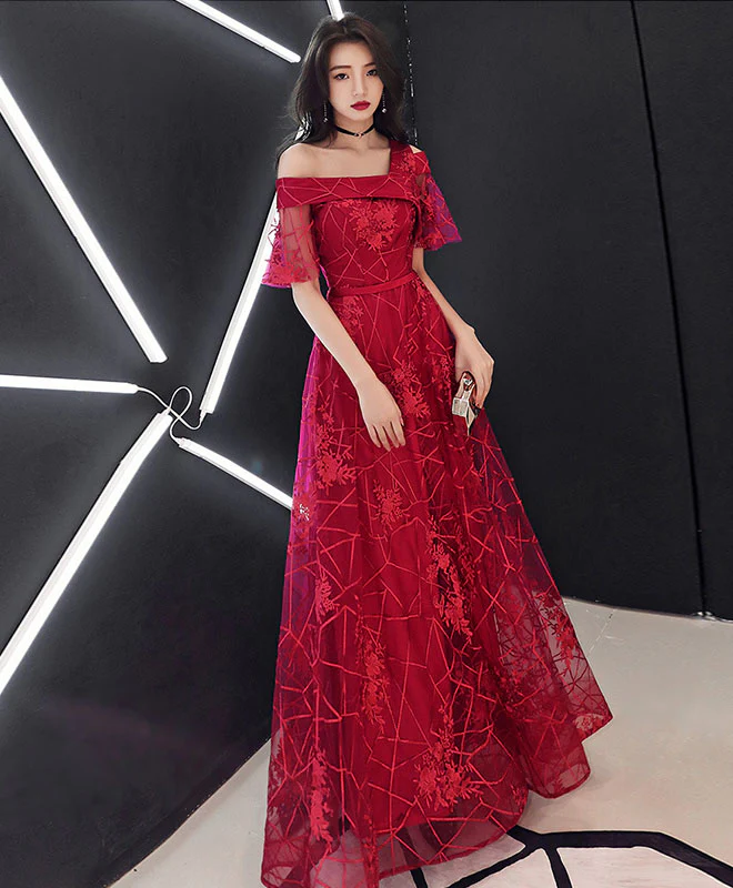 Burgundy Tulle Lace Long Prom Dress Burgundy Lace Formal Dress - Deanwangkt