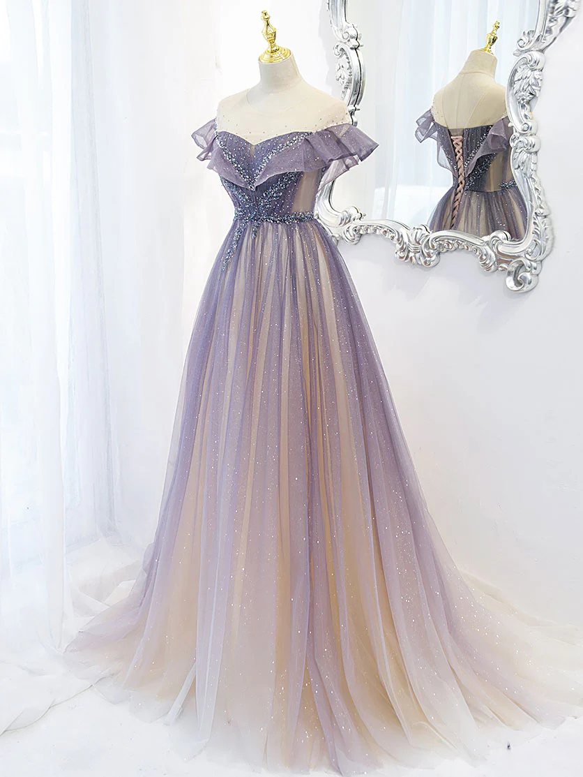 Purple Off Shoulder Tulle Sequin Long Prom Dress, Purple Evening Dress - Deanwangkt