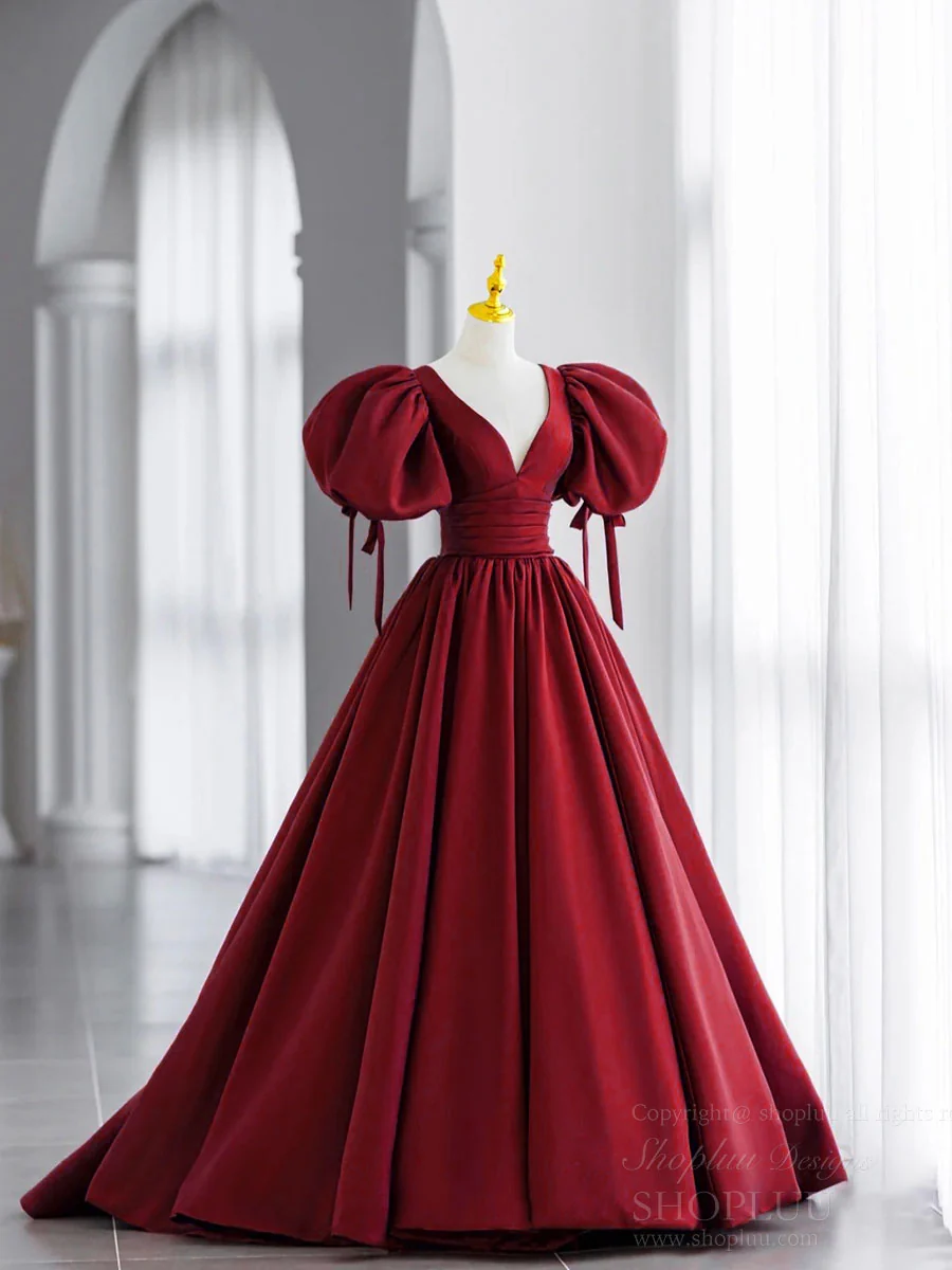 Simple V Neck Puffy Sleeves Satin Long Prom Dress, Satin Evening Dress - Deanwangkt