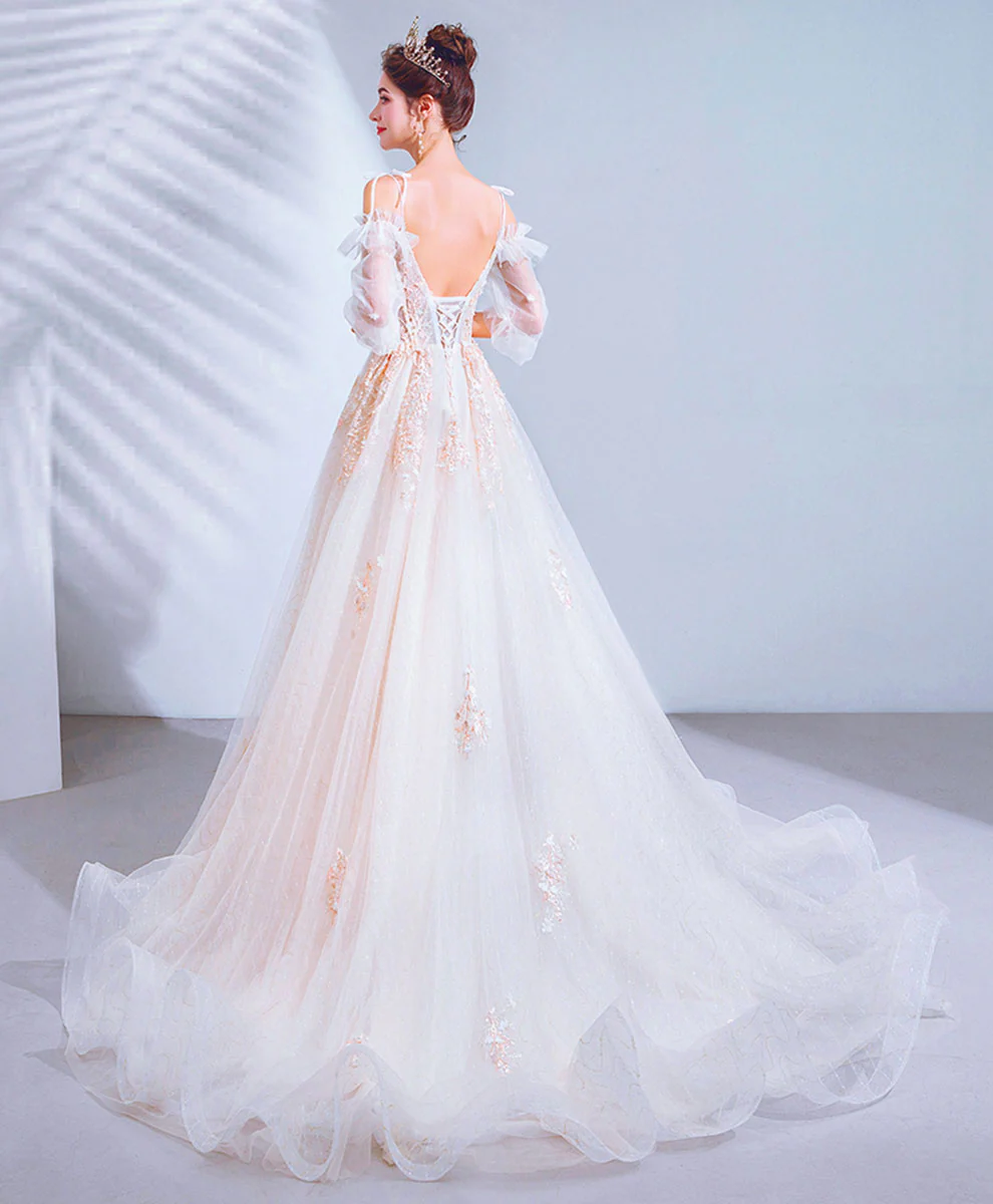 Light Pink Tulle Lace Long Prom Dress Lace Long Evening Dress - Deanwangkt