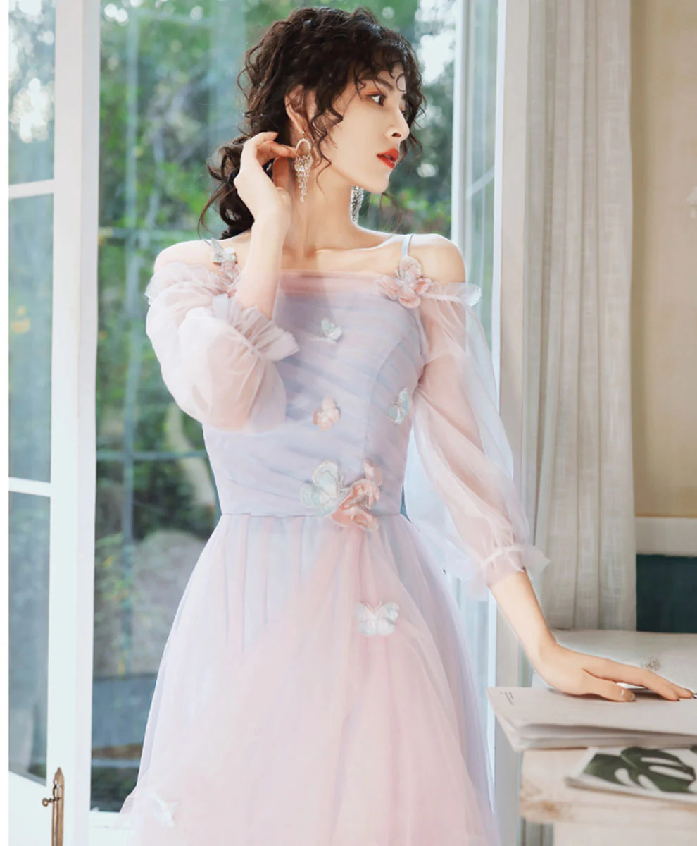 Elegant Pink Blue Tulle Long Prom Dress Pink Blue Formal Dress - Deanwangkt