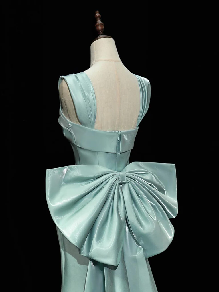Simple hydra Satin Bow Tie Green Long Prom Dress, Green Long Formal Dress - Deanwangkt