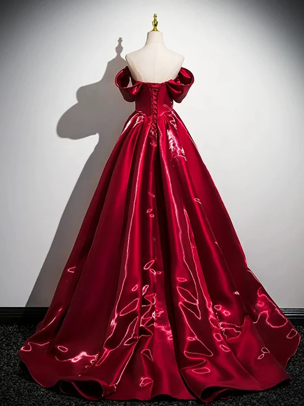 A-Line Off Shoulder Satin Burgundy Long Prom Dress, Burgundy Long Formal Dress - Deanwangkt
