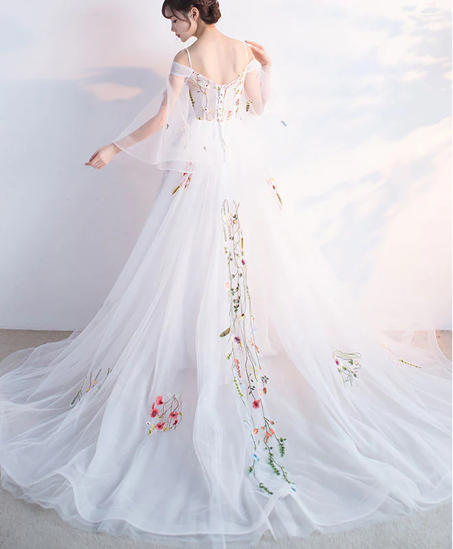 White Tulle Applique Long Prom Dress, White Evening Dress - Deanwangkt