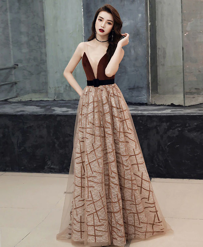 Champagne V Neck Tulle Long Prom Dress Tulle Evening Dress - Deanwangkt