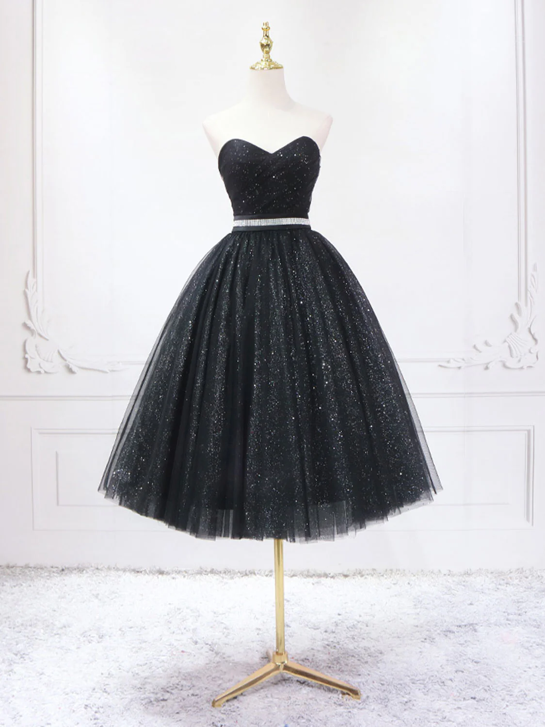 A-Line Sweetheart Neck Black Short Prom Dress, Black Formal Evening Dresses - Deanwangkt