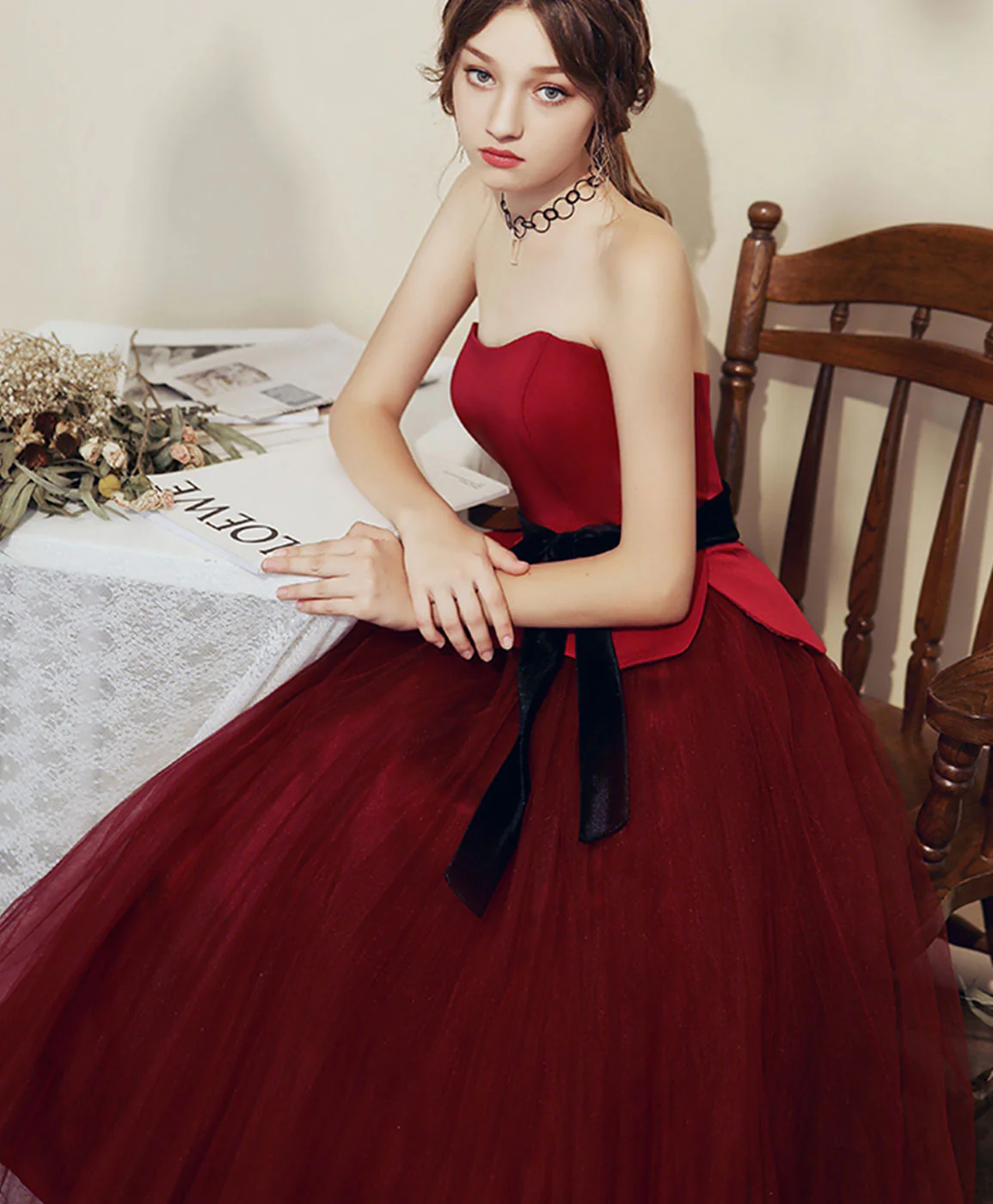 Simple Burgundy Tulle Tea Length Short Prom Dress Bridesmaid Dress - Deanwangkt