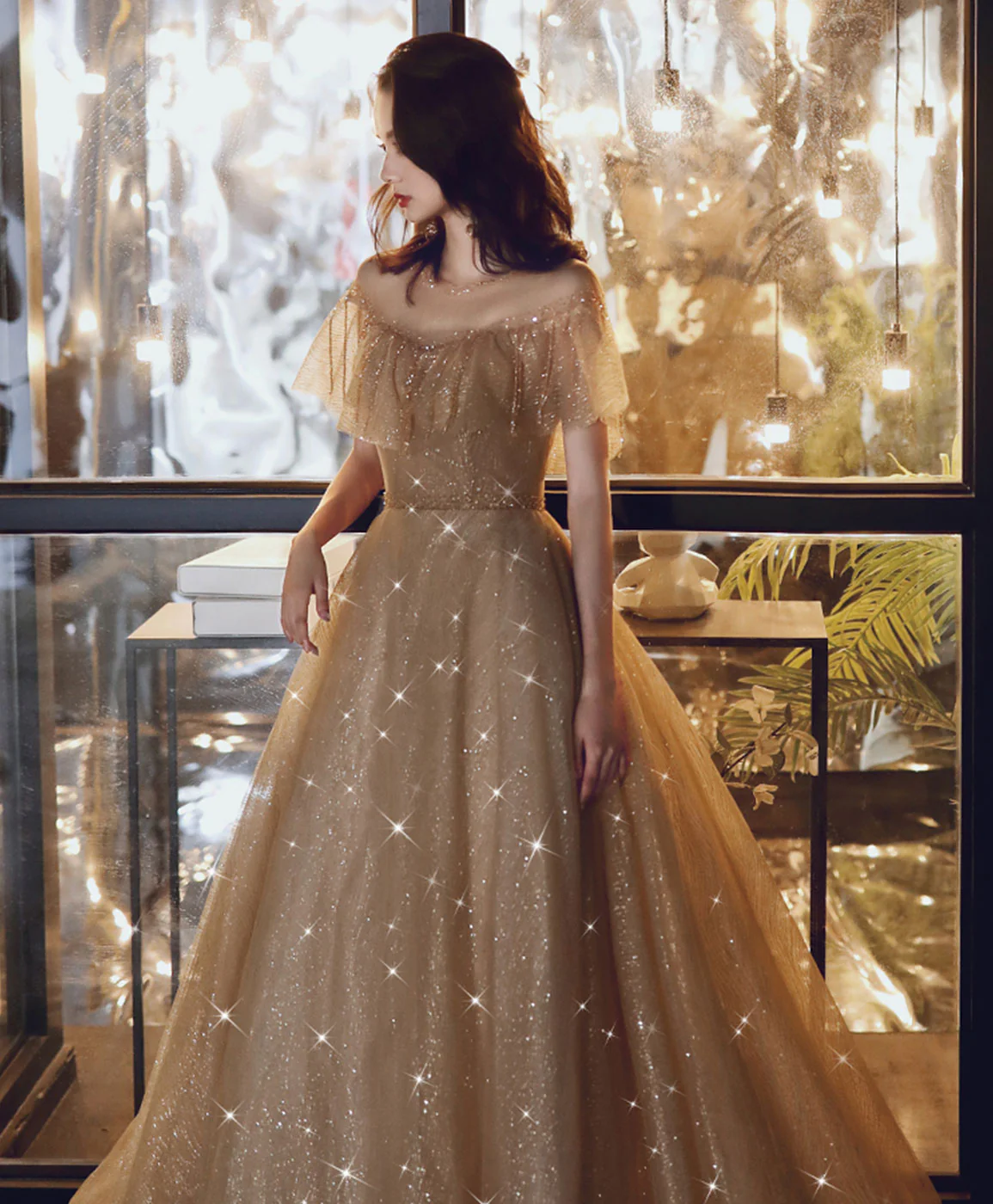 Champagne Round Neck Tulle Sequin Long Prom Dress Tulle Formal Dress - Deanwangkt