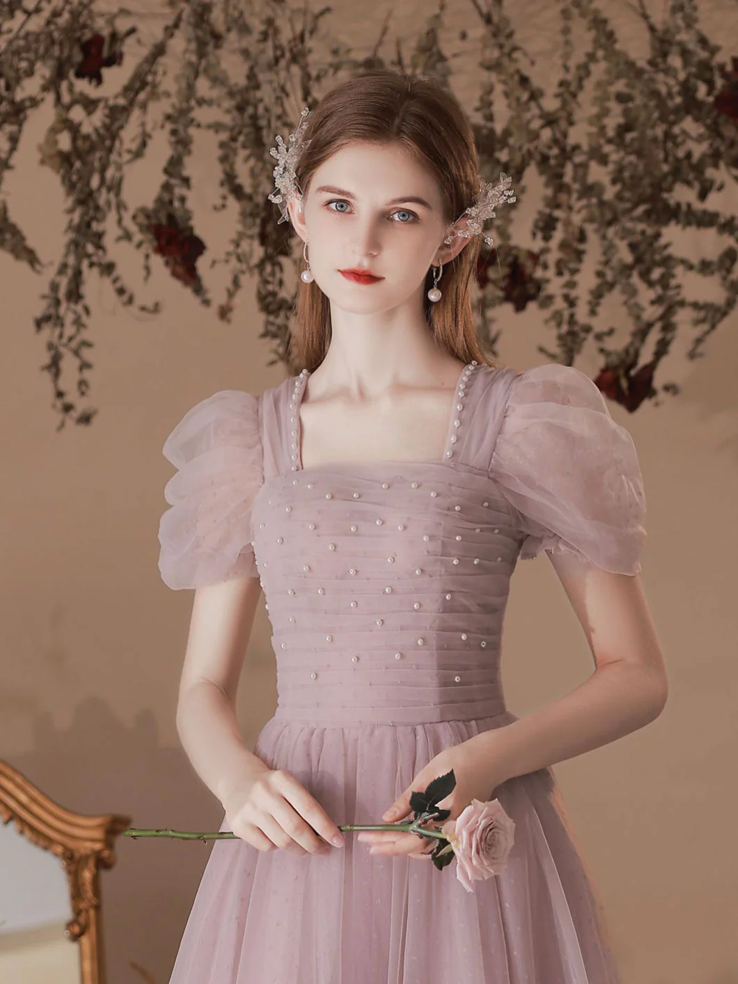 A-Line Pink Tulle Beading Long Prom Dress, Pink Formal Evening Dresses - Deanwangkt