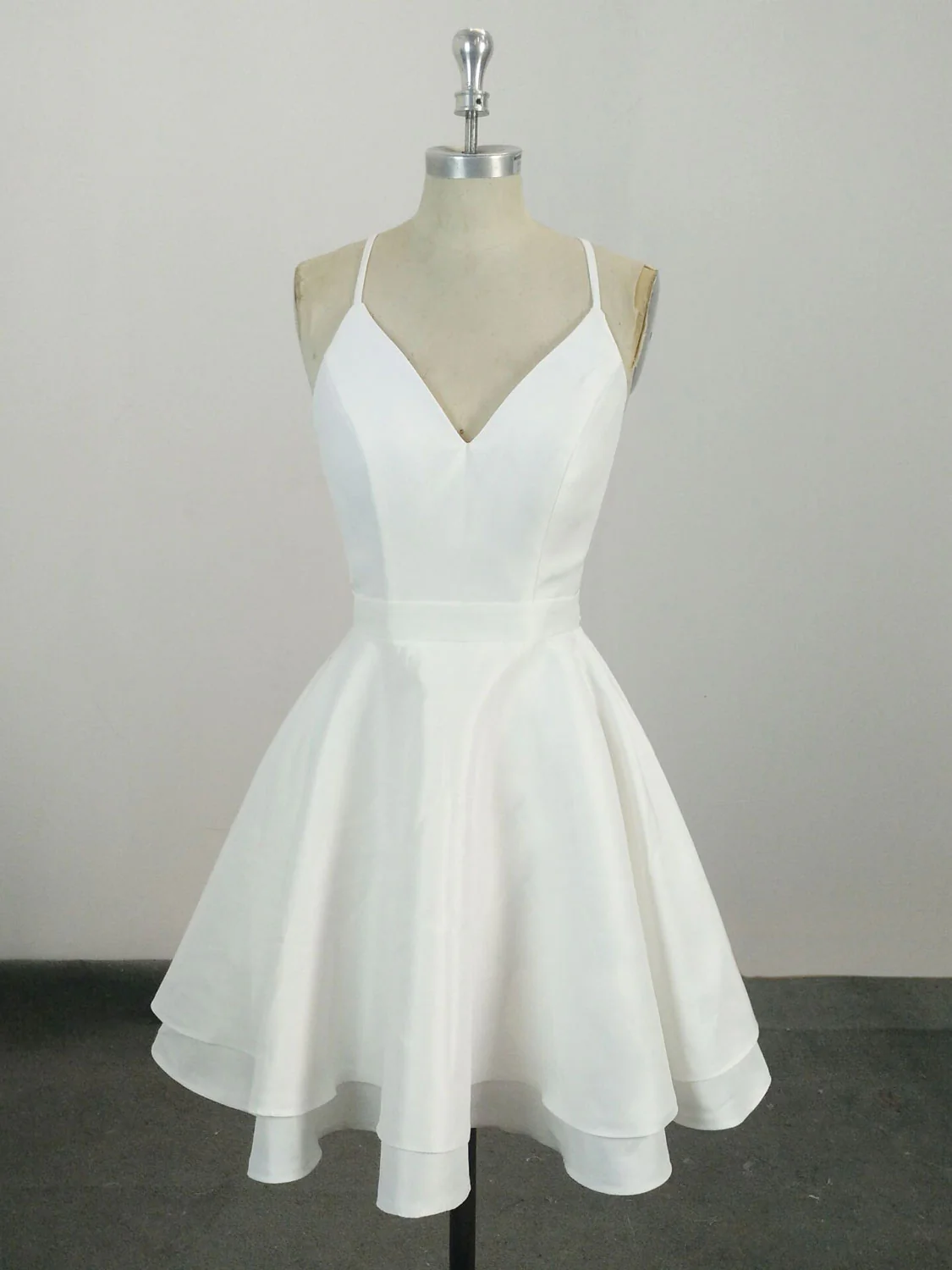 White V Neck Satin Lace Short Prom Dress, White Homecoming Dress - Deanwangkt