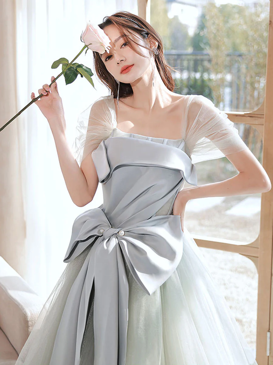 Gray Green Tulle Long Prom Dresses, Tulle Formal Graduation Dresses - Deanwangkt