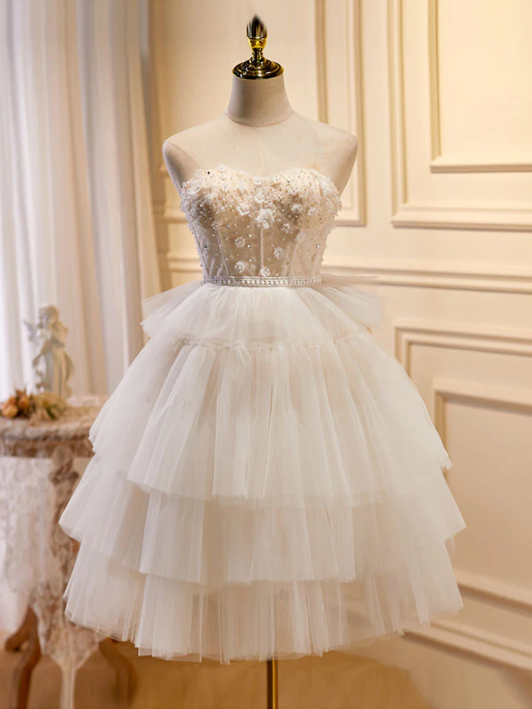 Beige Sweetheart Neck Tulle Puffy Short Prom Dress, Beige Homecoming Dress - Deanwangkt