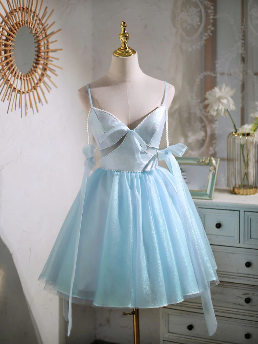 Light Champagne V neck Tulle Short Prom Dress, Tulle Puffy Homecoming Dress - Deanwangkt