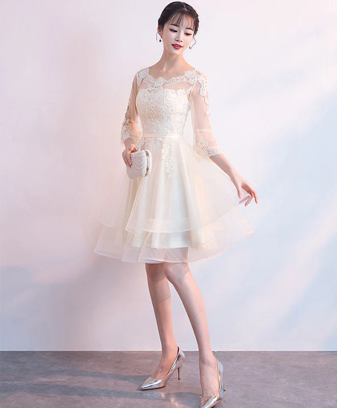 Champagne Tulle Lace Short Prom Dress, Champagne Homecoming Dress - Deanwangkt