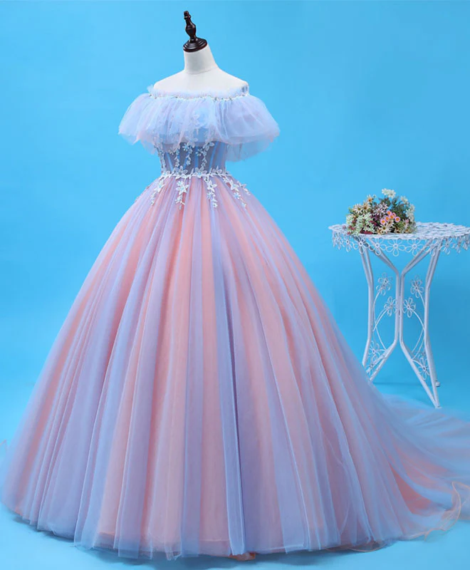 Pink Tulle Lace Long Prom Gown, Evening Dress - Deanwangkt