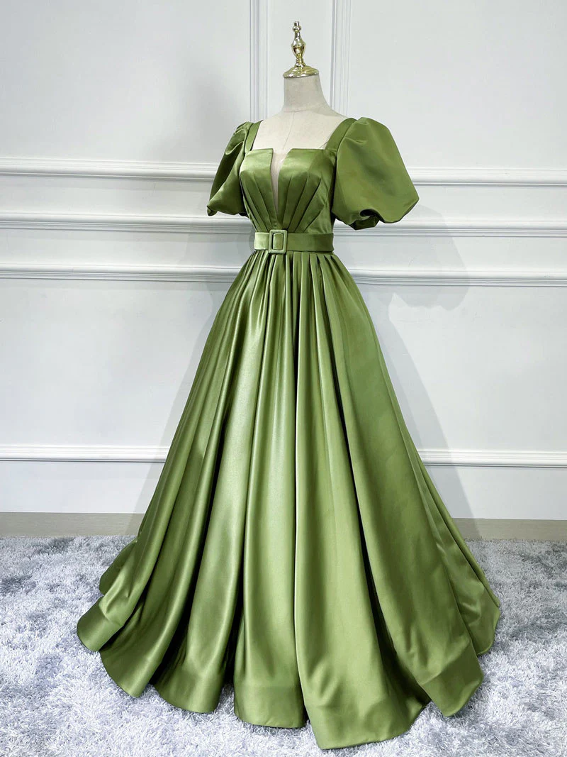 A line Satin Long Green Prom Dresses, Green Formal Evening Graduation Dresses - Deanwangkt
