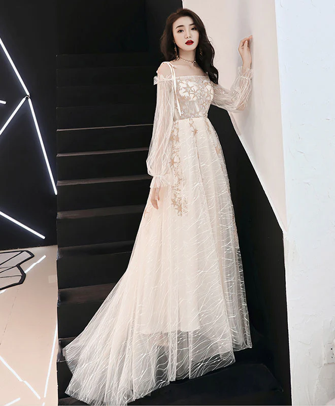 Unique Tulle Lace Long Prom Dress, Tulle Lace Evening Dress - Deanwangkt