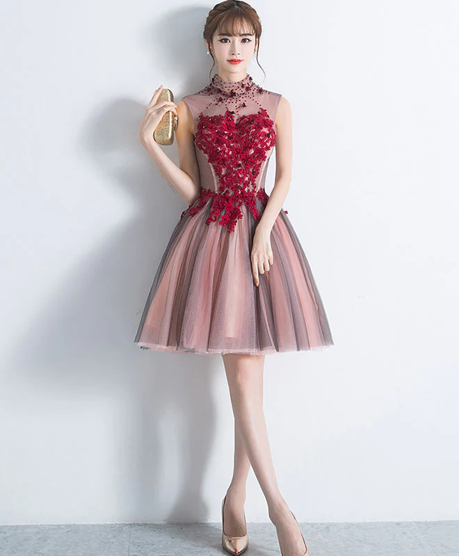 Unique Burgundy Tulle Lace Short Prom Dress, Tulle Homecoming Dress - Deanwangkt