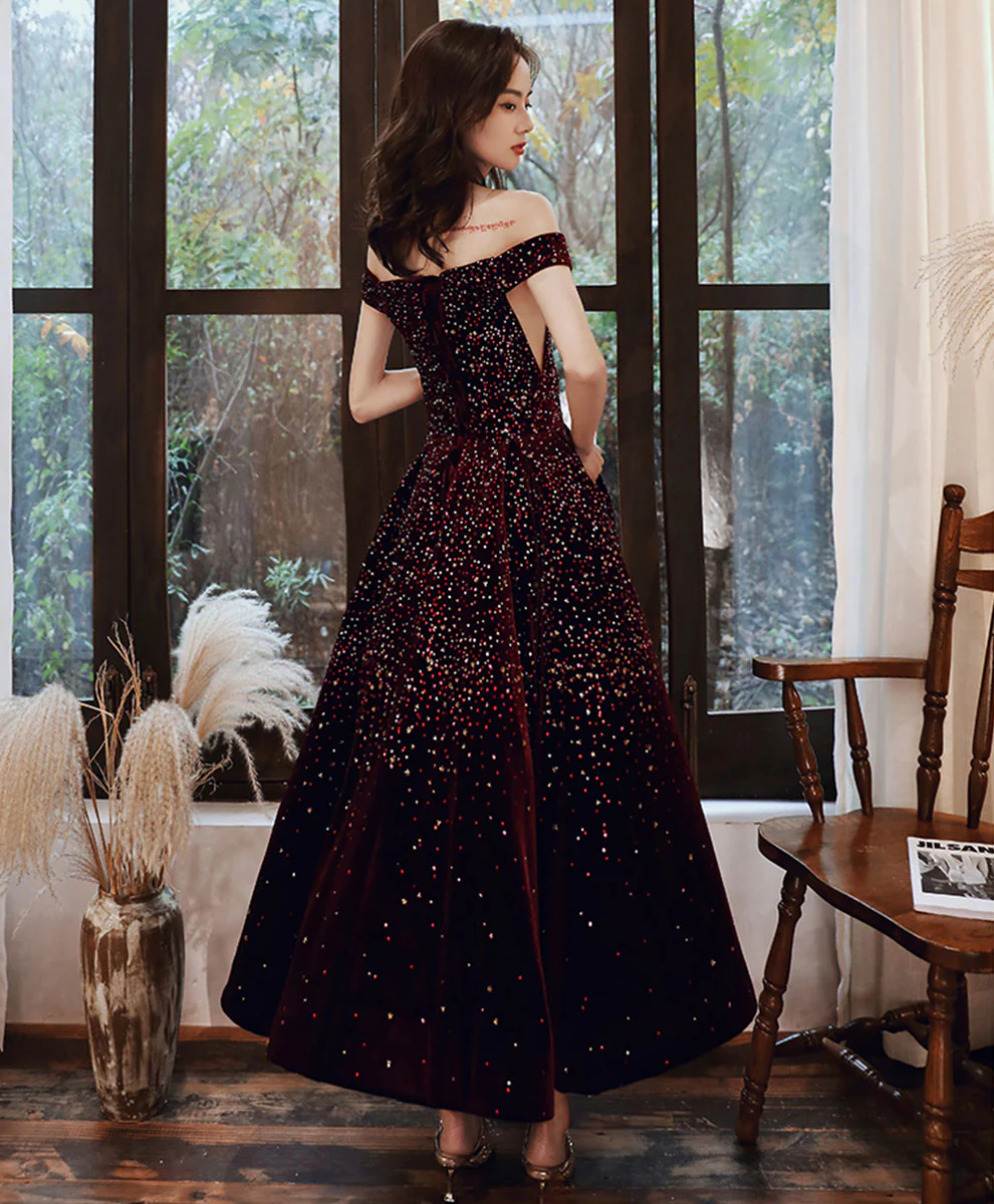 Aline Velvet Sequin Tea Length Burgundy Prom Dress, Burgundy Homecoming Dress - Deanwangkt