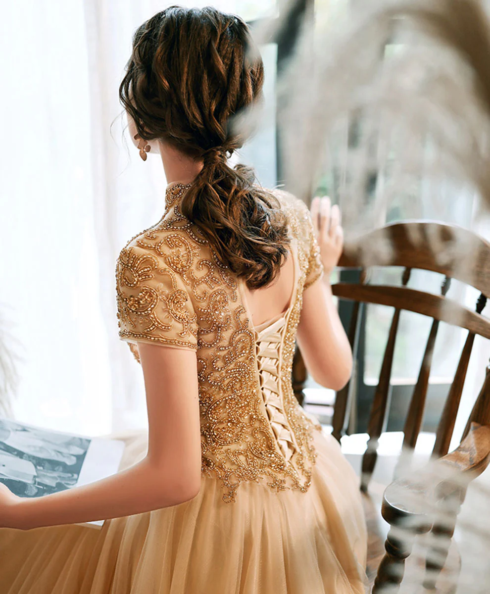 Champagne Tulle Beads Long Prom Dress Champagne Tulle Formal Dress - Deanwangkt