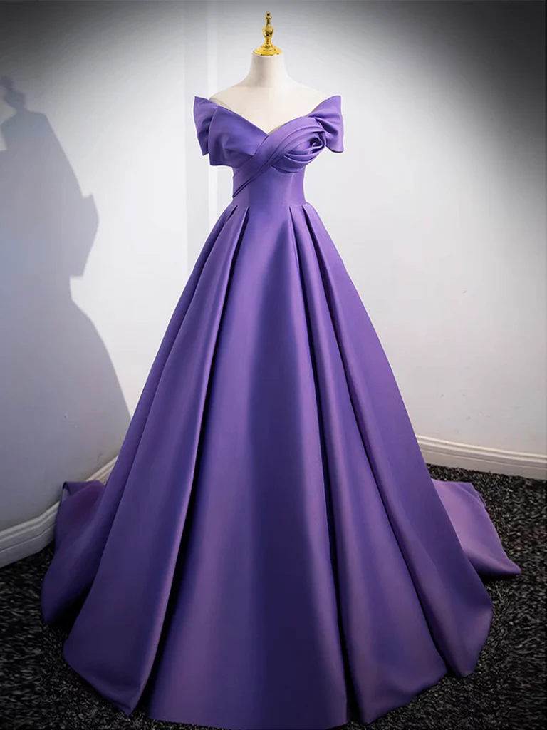 A-Line off Shoulder Satin Purple Long Prom Dress, Purple Long Evening Dress - Deanwangkt