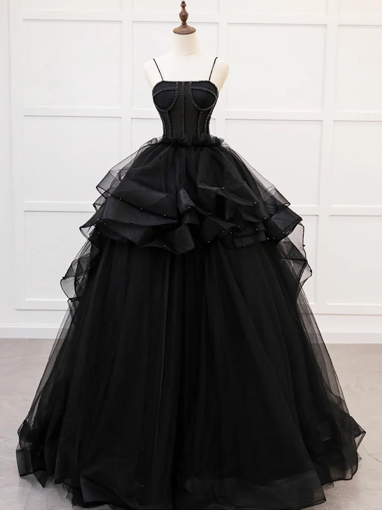 A-Line Tulle Beads Black Long Prom Dress, Black Sweet 16 Dress - Deanwangkt
