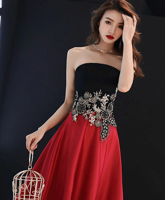 Burgundy Satin Lace Long Prom Dress, Burgundy Evening Dress - Deanwangkt