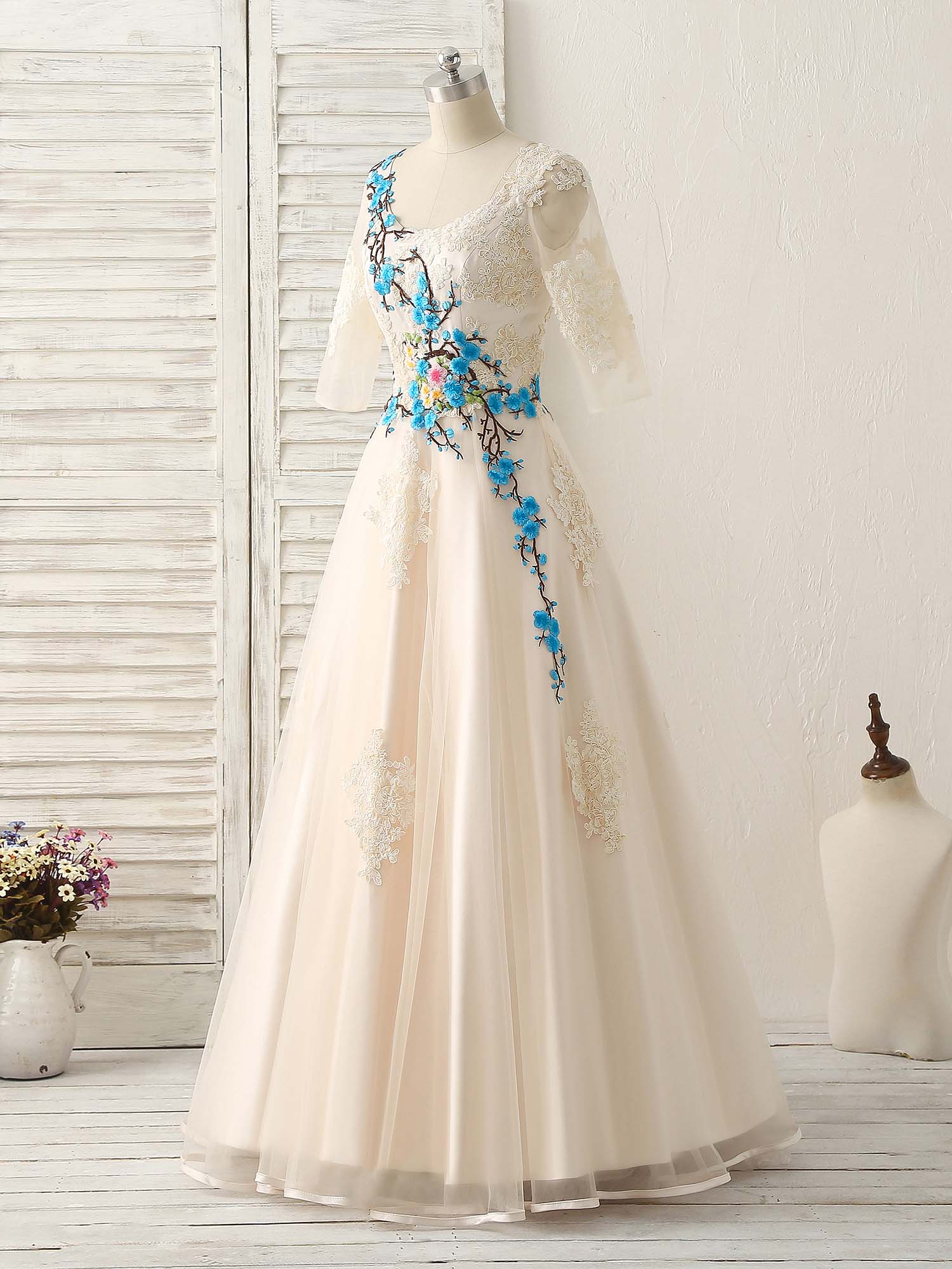 Unique Lace Applique Tulle Long Prom Dress Light Champagne Bridesmaid Dress - Deanwangkt