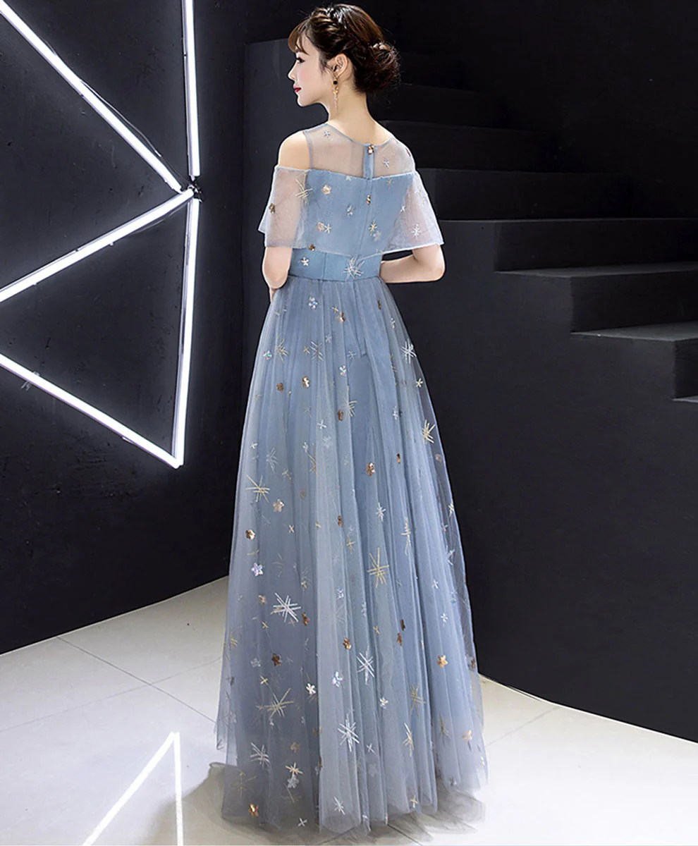 Blue Round Neck Tulle Long Prom Dress, A- Line Blue Long Tulle Evening Dress - Deanwangkt