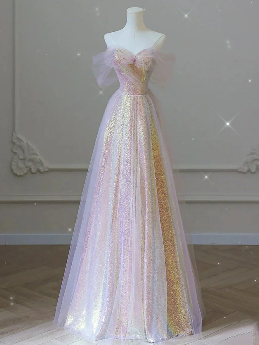 Unique Sweetheart Neck Tulle Sequin Long Prom Dress Tulle Party Dress - Deanwangkt
