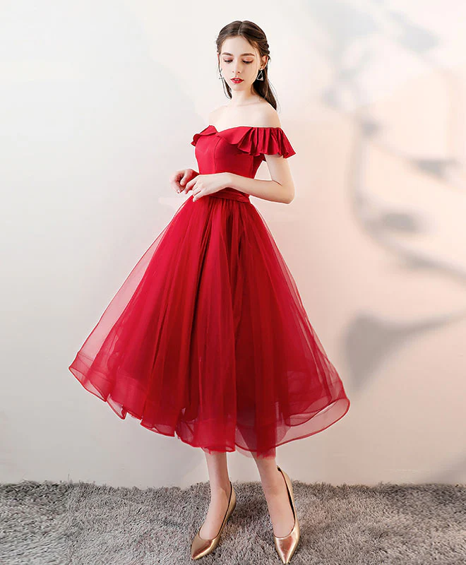 Aline Red Satin/Tulle Short Prom Dresses, Red Formal Homecoming Dresses - Deanwangkt