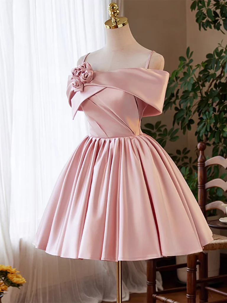 A-line Off Shoulder Satin Pink Short Prom Dress, Pink Homecoming dress - Deanwangkt