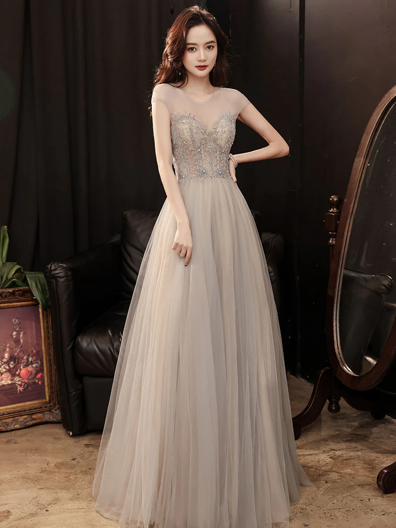 Champagne Round Neck Tulle Beads Long Prom Dress, Champagne Evening Dress - Deanwangkt