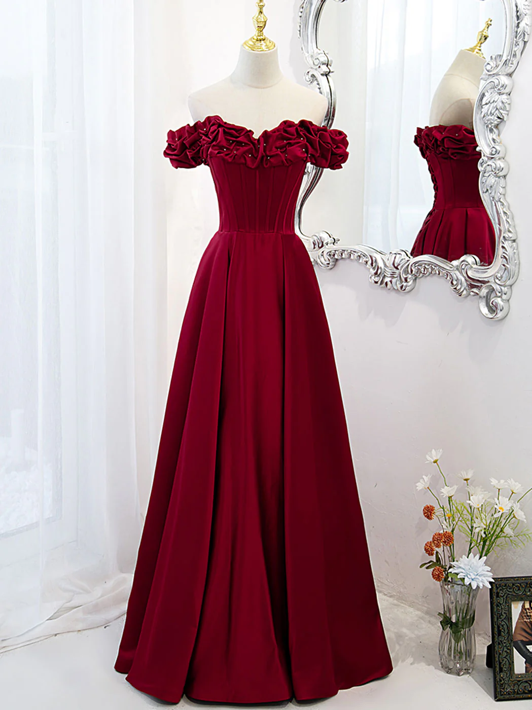 A-Line Off Shoulder Satin Burgundy Long Prom Dress, Satin Burgundy Evening Dress - Deanwangkt